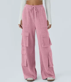 Cargo Pants|Wide-Leg Pants<HALARA Ribbed Mid Rise Drawstring Pockets Wide Leg Cargo Casual Pants