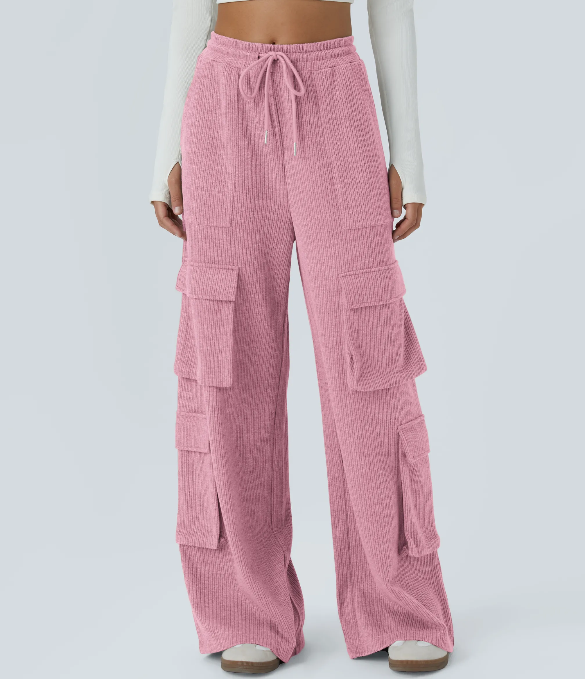 Cargo Pants|Wide-Leg Pants<HALARA Ribbed Mid Rise Drawstring Pockets Wide Leg Cargo Casual Pants