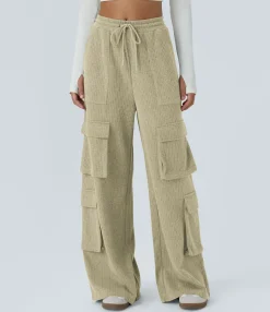 Cargo Pants|Wide-Leg Pants<HALARA Ribbed Mid Rise Drawstring Pockets Wide Leg Cargo Casual Pants