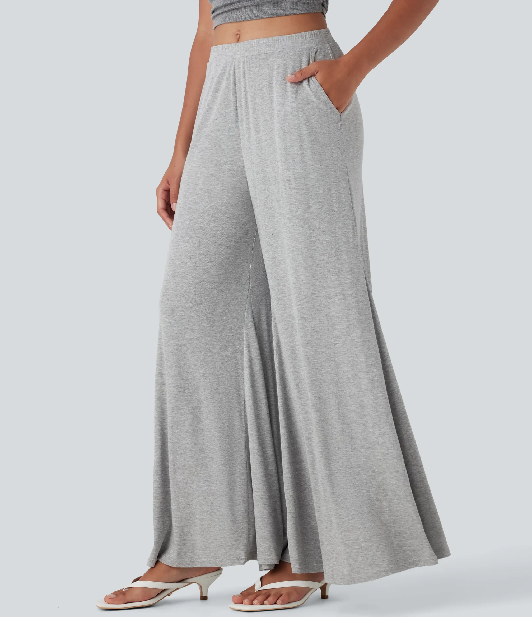 Pants|Wide-Leg Pants<HALARA Ribbed Mid Rise Flowy Wide Leg Casual Pants with Pockets
