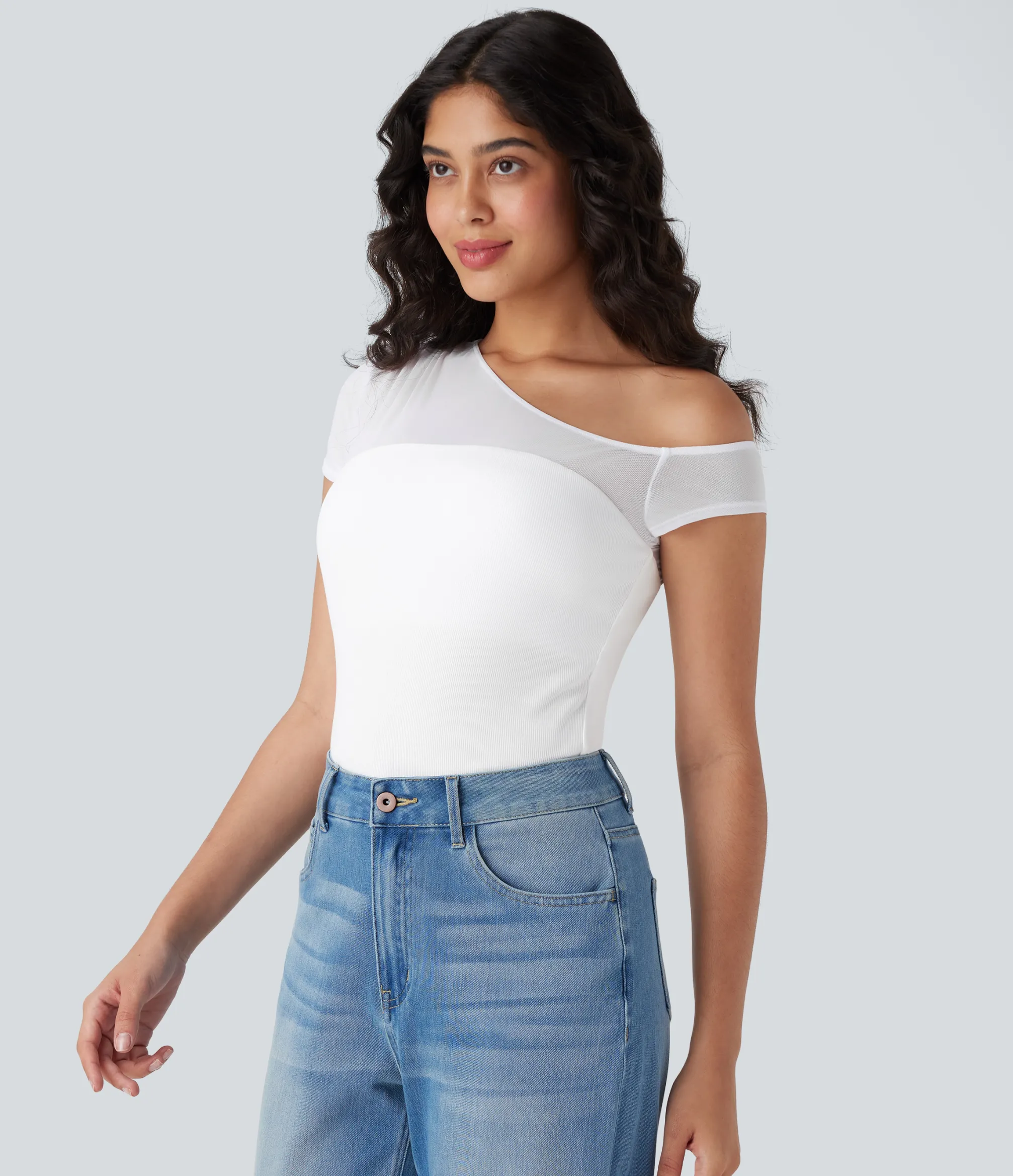 Casual Tops<HALARA Ribbed One Shoulder Short Sleeve Contrast Mesh Casual Top