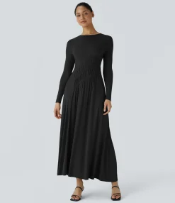 Dresses|Maxi & Midi Dresses<HALARA Ribbed Round Neck Long Sleeve Flare Flowy Maxi Casual Dress