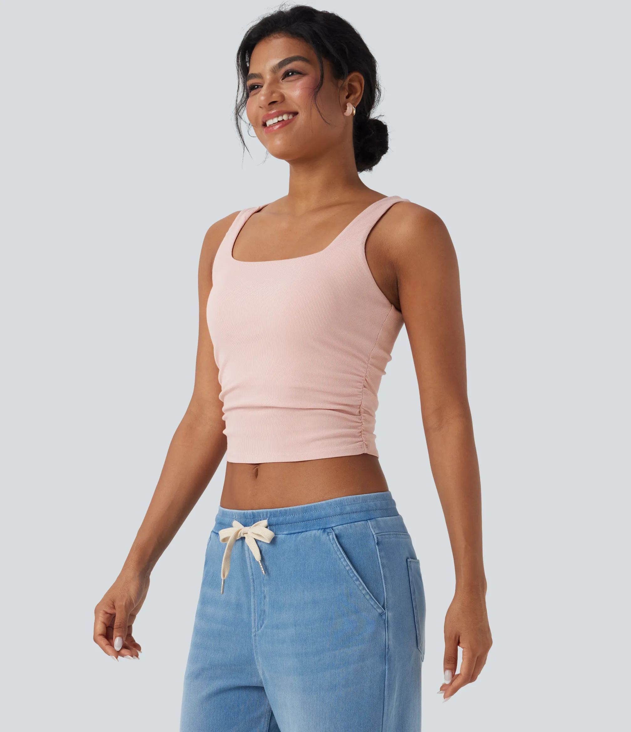 Casual Tops|Tank Tops & Camis<HALARA Ribbed Square Neck Ruched Cropped Casual Tank Top