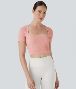Yoga Tops|Sports Tops<HALARA Ribbed Square Neck Short Sleeve Cropped Yoga Sports Top