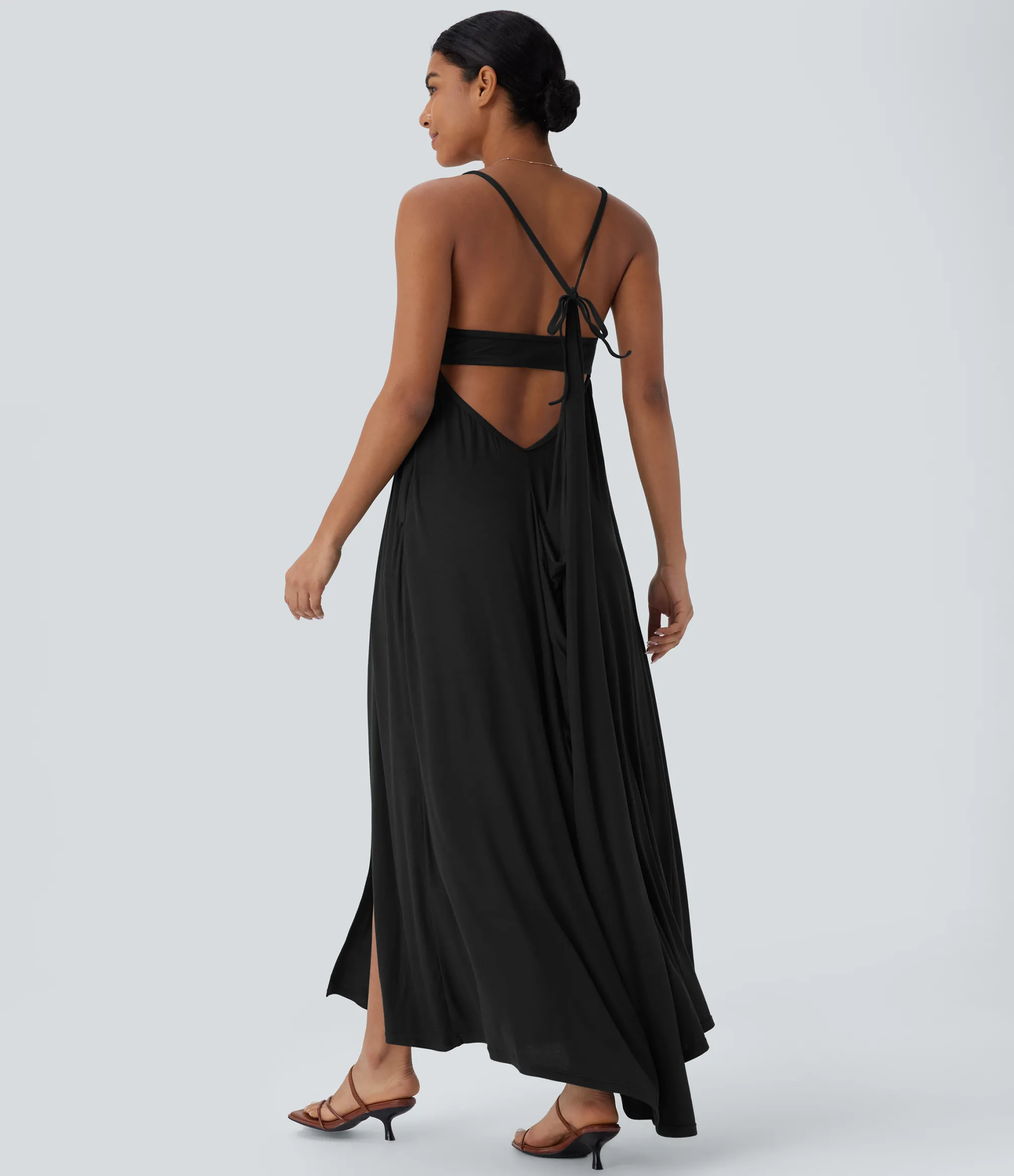 Maxi & Midi Dresses|Dresses<HALARA Ribbed Tie Back Ruched Maxi Slip Dress with Pockets