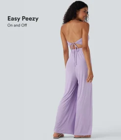 Jumpsuits<HALARA Ribbed Tube Tie Back Resort Jumpsuit with Pockets-Easy Peezy Edition