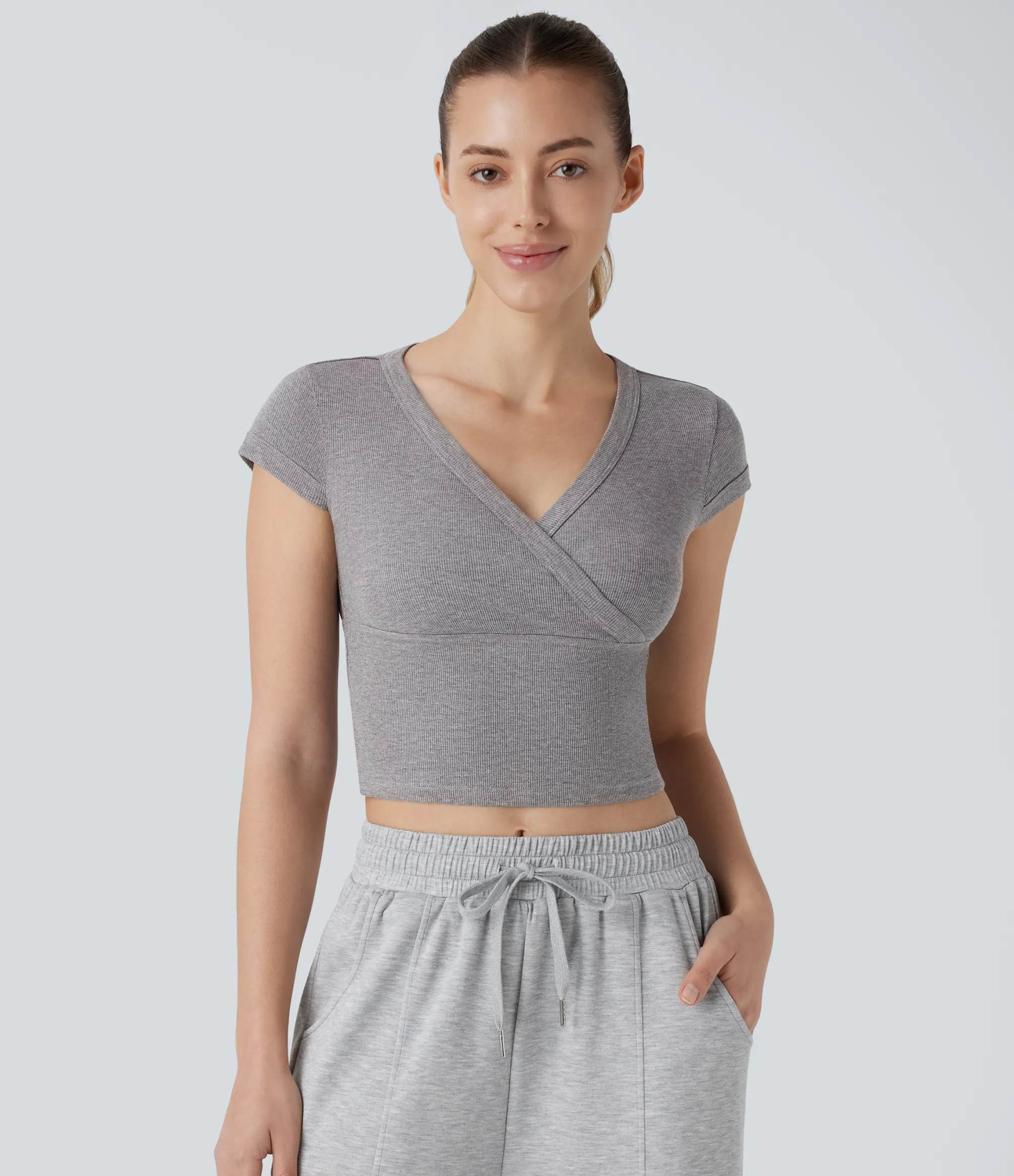 Casual Tops<HALARA Ribbed V Neck Crossover Short Sleeve Cropped Casual Top