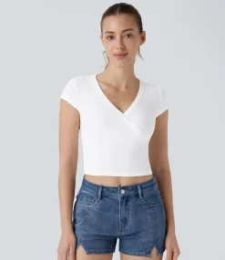 Casual Tops<HALARA Ribbed V Neck Crossover Short Sleeve Cropped Casual Top