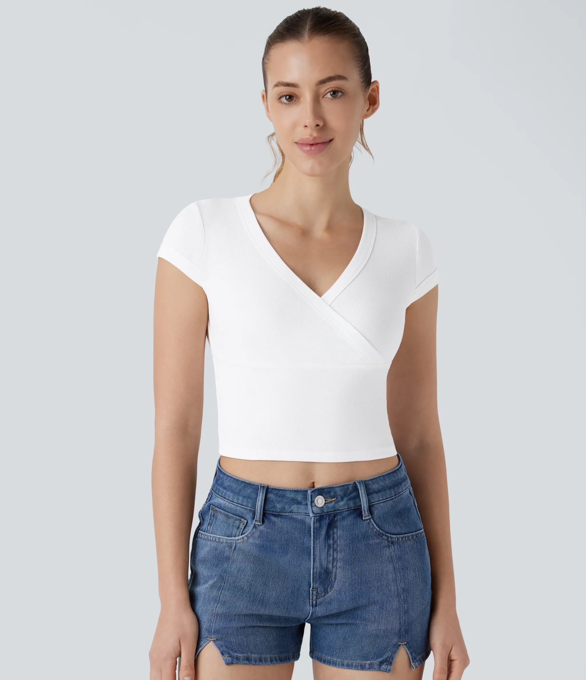 Casual Tops<HALARA Ribbed V Neck Crossover Short Sleeve Cropped Casual Top