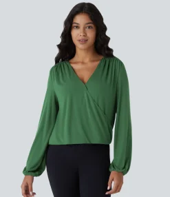 Work Tops<HALARA Ribbed V Neck Invisible Snap Long Sleeve Wrapped Work Top