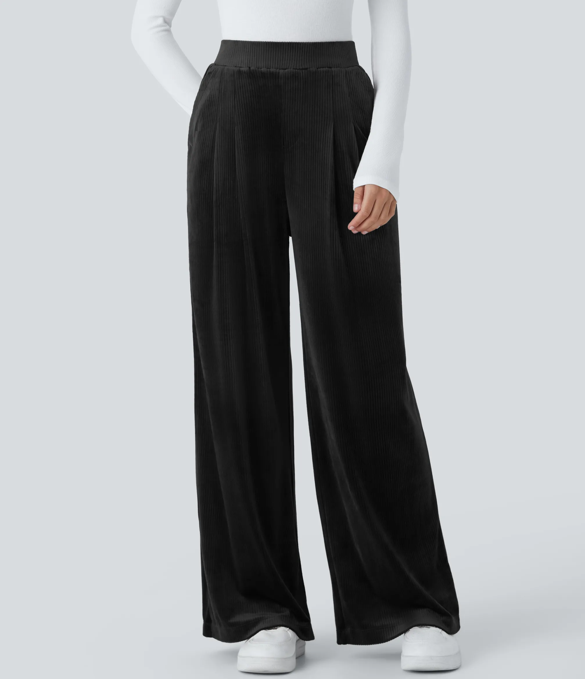 Pants|High-Waisted Pants<HALARA Ribbed Velvet High Waisted Pocket Wide Leg Casual Pants