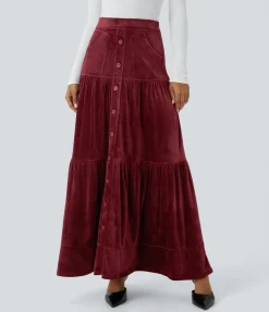 Maxi & Midi Skirts|Casual Skirts<HALARA Ribbed Velvet High Waisted Decorative Pocket Maxi Casual Skirt