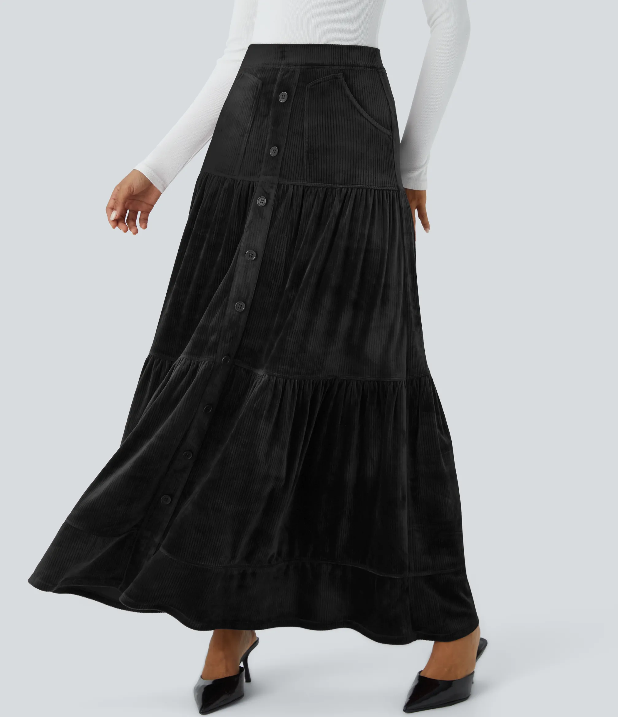 Maxi & Midi Skirts|Casual Skirts<HALARA Ribbed Velvet High Waisted Decorative Pocket Maxi Casual Skirt