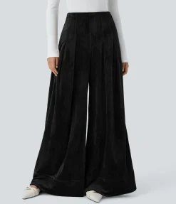 Wide-Leg Pants|Pants<HALARA Ribbed Velvet High Wasted Pockets Wide Leg Palazzo Casual Pants