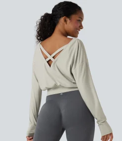 Sports Tops|Sports Tops<HALARA Ribbed V-neck Crossover Thumb Holes Yoga Sports Top