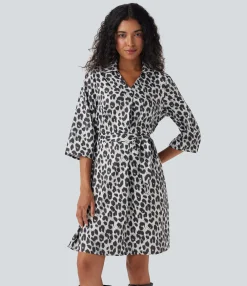 Maxi & Midi Dresses|Dresses<HALARA Roll Up Sleeve Belted Leopard Print Casual Shirt Dress with Pockets