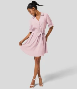 Mini Dresses|Maxi & Midi Dresses<HALARA Roll Up Sleeve Belted Relaxed Work Shirt Dress