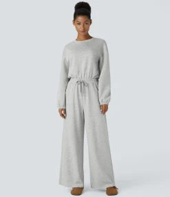Jumpsuits<HALARA Round Neck Back G-hook Long Sleeve Drawstring Pocket Casual Jumpsuit
