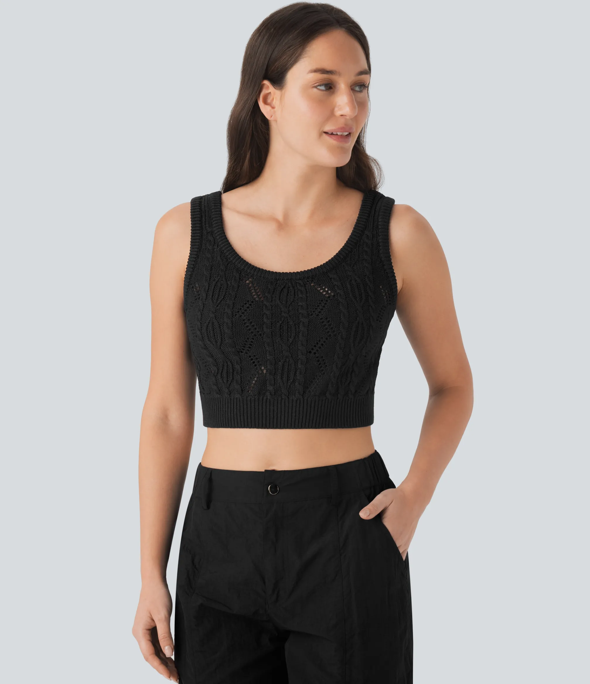 Tank Tops & Camis|Sweaters<HALARA Round Neck Cable Hollow Out Cropped Casual Knit Tank Top