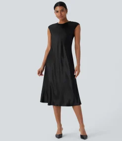 Dresses|Maxi & Midi Dresses<HALARA Round Neck Cap Sleeve A Line Satin Midi Work Dress