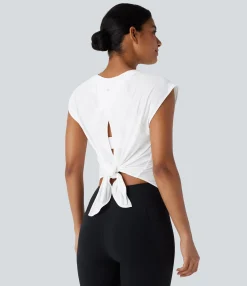 Yoga Tops|Sports Tops<HALARA Round Neck Cap Sleeve Tie Back Curved Hem Yoga Sports Top