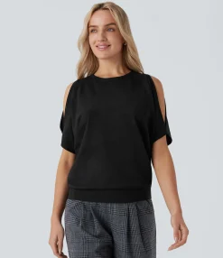 Sweaters<HALARA Round Neck Cold Shoulder Short Sleeve Work Sweater