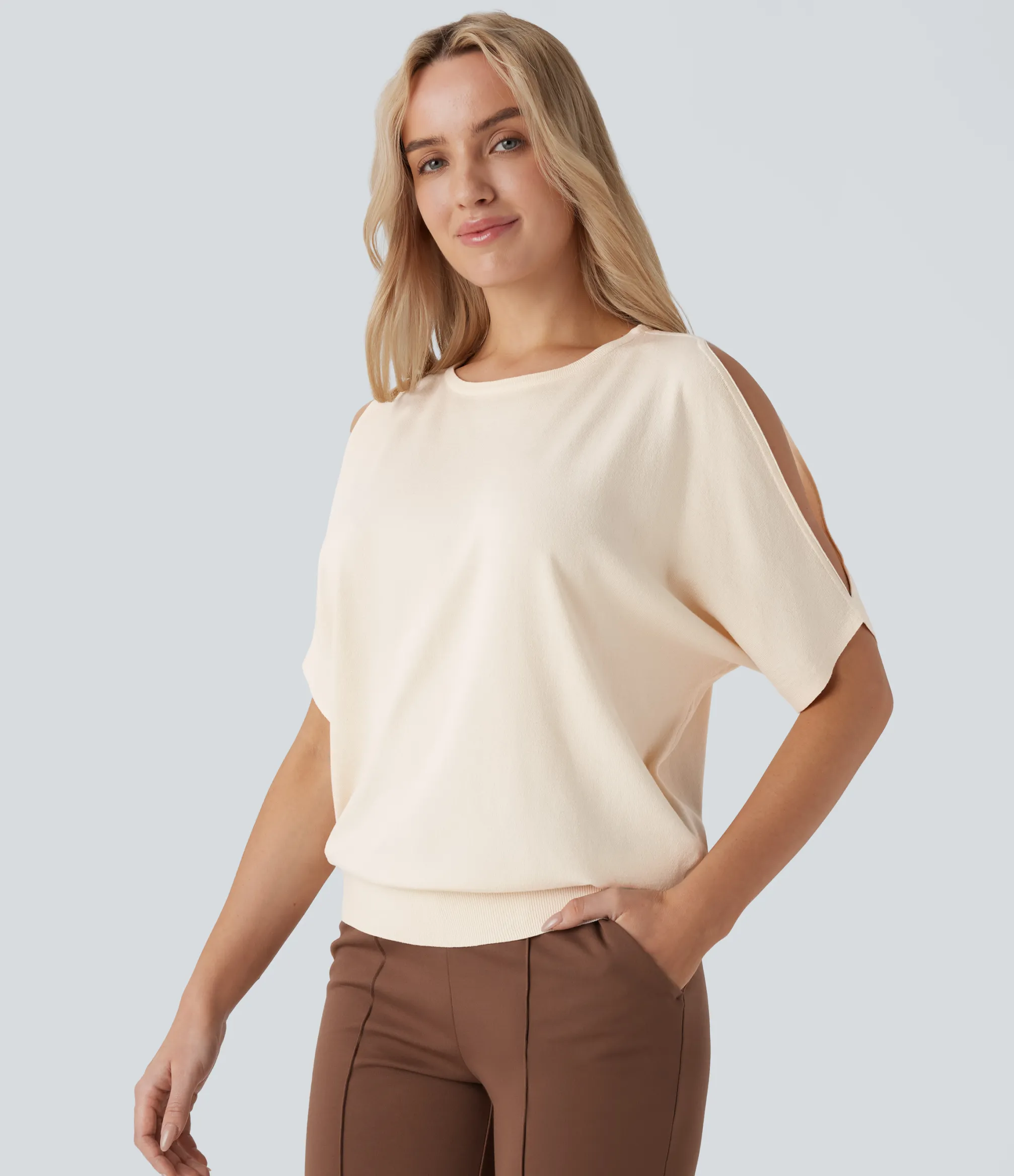 Sweaters<HALARA Round Neck Cold Shoulder Short Sleeve Work Sweater