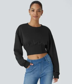 Sweatshirts & Hoodies<HALARA Round Neck Dropped Shoulder Contrast Ribbed Decorative Fishbone Cropped Relaxed Casual Sweatshirt