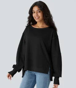 Sweatshirts & Hoodies<HALARA Round Neck Dropped Shoulder Long Sleeve High Low Hem Relaxed Casual Sweatshirt