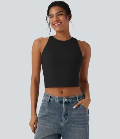 Casual Tops|Tank Tops & Camis<HALARA Round Neck Keyhole Back Cropped Casual Tank Top