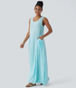Dresses|Maxi & Midi Dresses<HALARA Round Neck Keyhole Pocket Flowy Maxi Casual Tank Dress