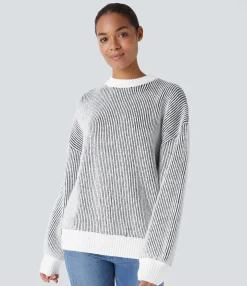 Sweaters<HALARA Round Neck Long Sleeve Color Block Stripe Casual Sweater