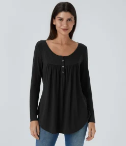Casual Tops<HALARA Round Neck Long Sleeve Curved Hem Casual Top
