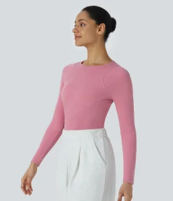 Casual Tops<HALARA Round Neck Long Sleeve Curved Hem Waffle Casual Top