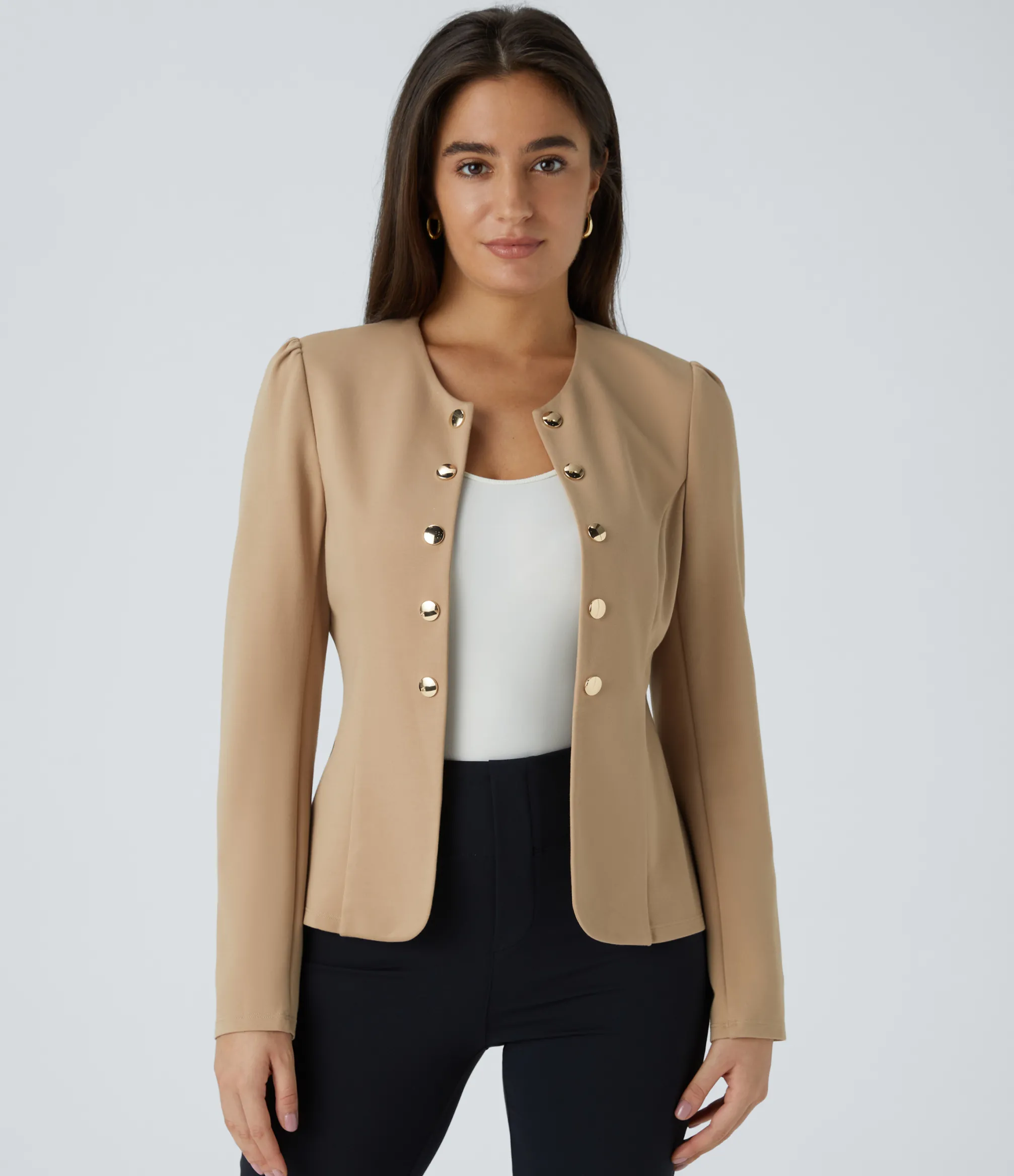 Work Tops|Jackets & Outerwear<HALARA Round Neck Long Sleeve Decorative Slim Work Jacket