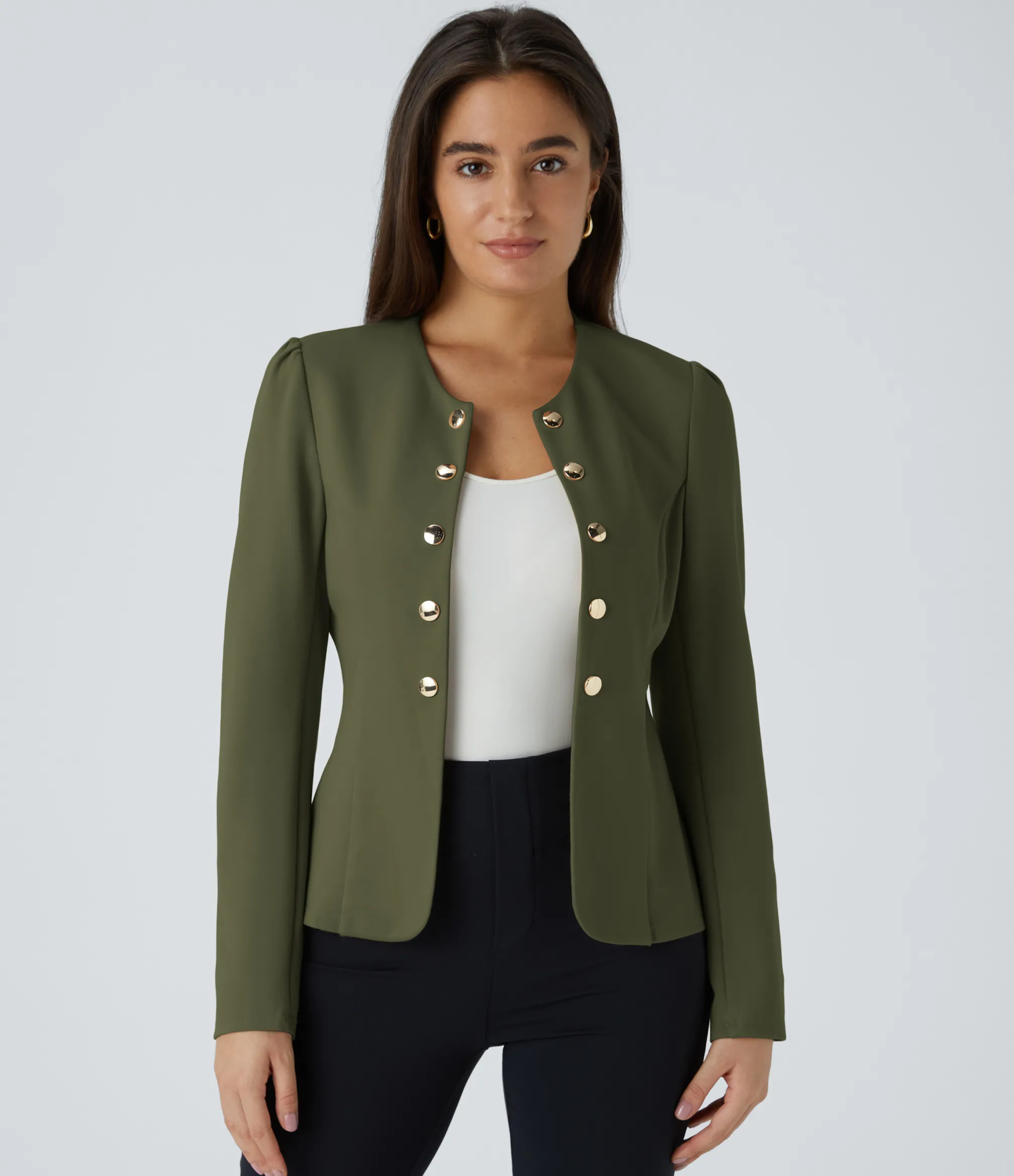 Work Tops|Jackets & Outerwear<HALARA Round Neck Long Sleeve Decorative Slim Work Jacket