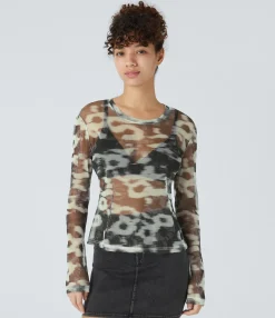 Casual Tops<HALARA Round Neck Long Sleeve Floral Print Slim Sheer Mesh Casual Top