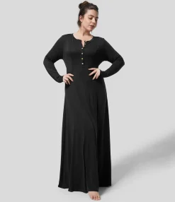 Plus Size<HALARA Round Neck Long Sleeve Flare Maxi Casual Plus Size Dress