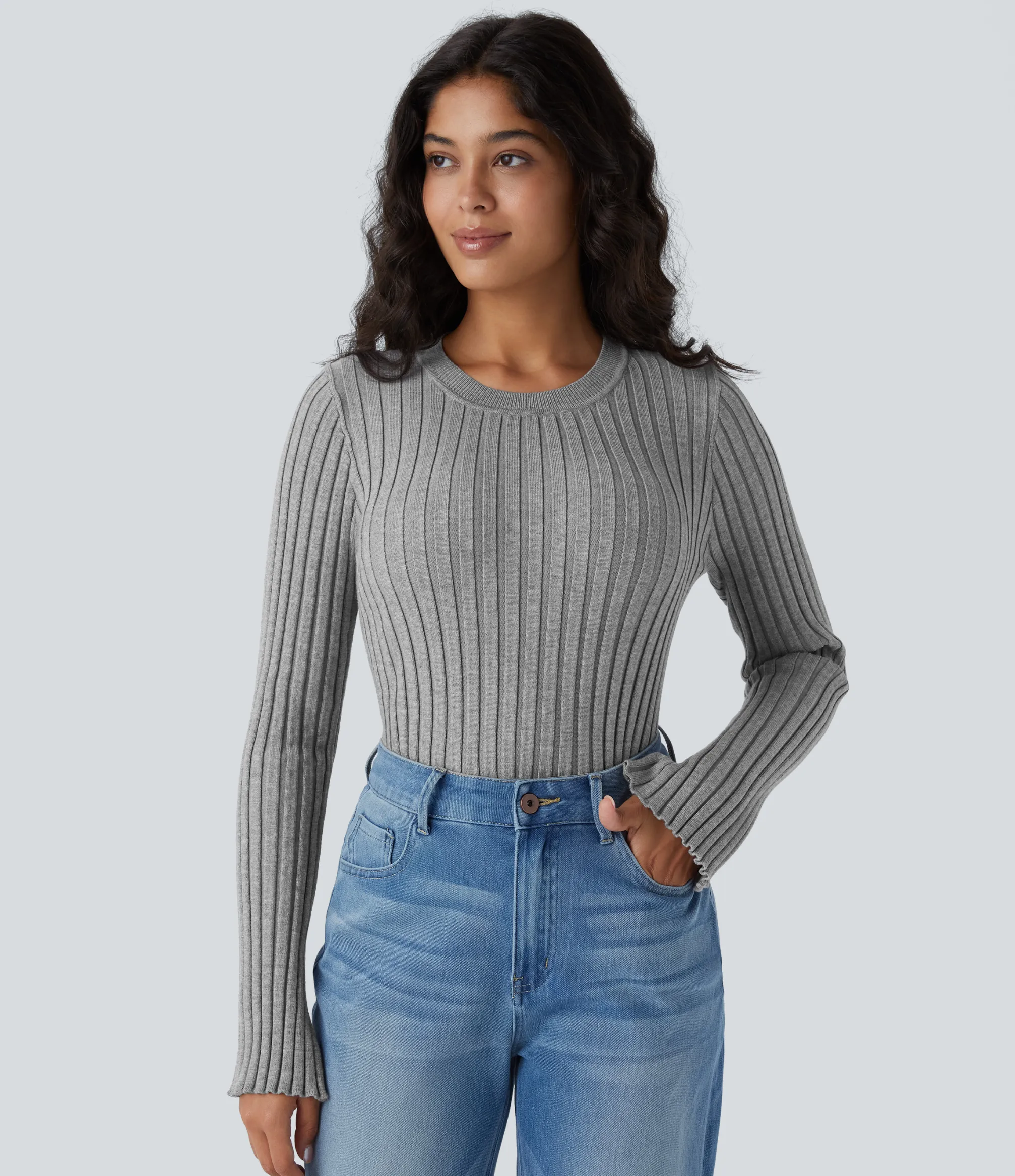 Sweaters<HALARA Round Neck Long Sleeve Frill Casual Sweater