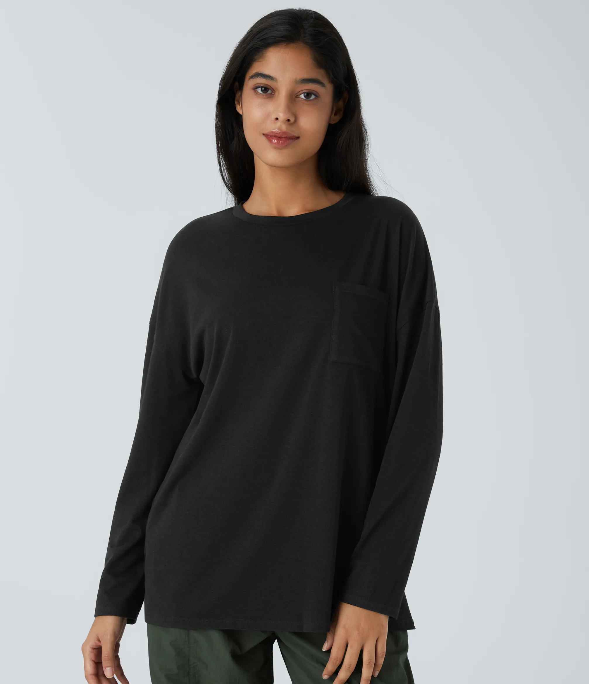 Casual Tops<HALARA Round Neck Long Sleeve Pocket Hem Relax Casual Top