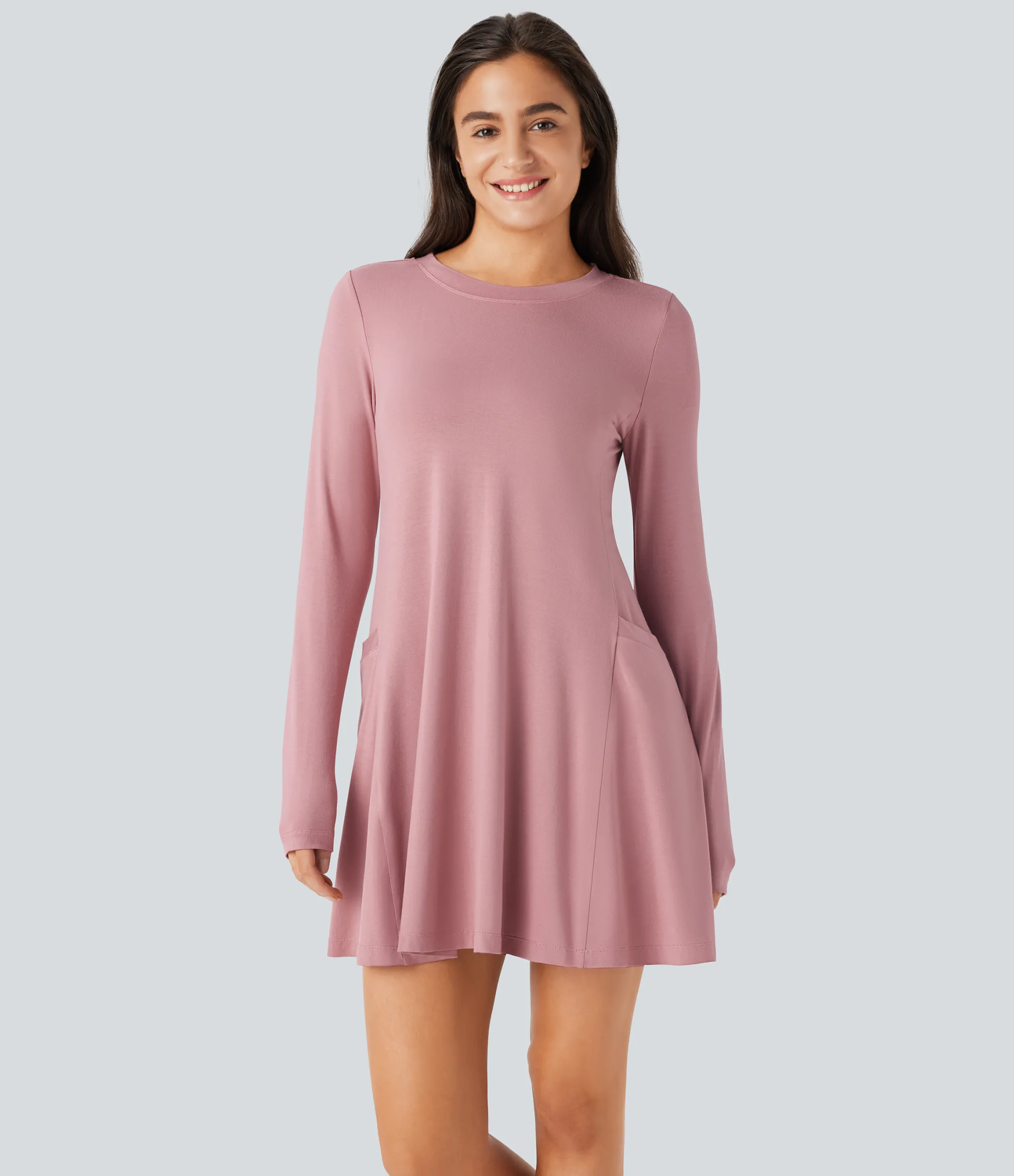 Dresses|Mini Dresses<HALARA Round Neck Long Sleeve Thumb Hole Pocket Draped Mini Casual Dress