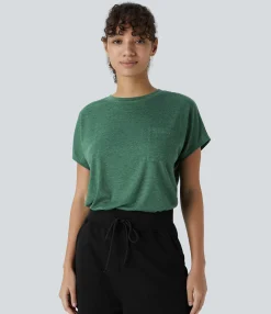 Casual Tops|T-Shirts<HALARA Round Neck Pocket Hem Relax Casual T-Shirt
