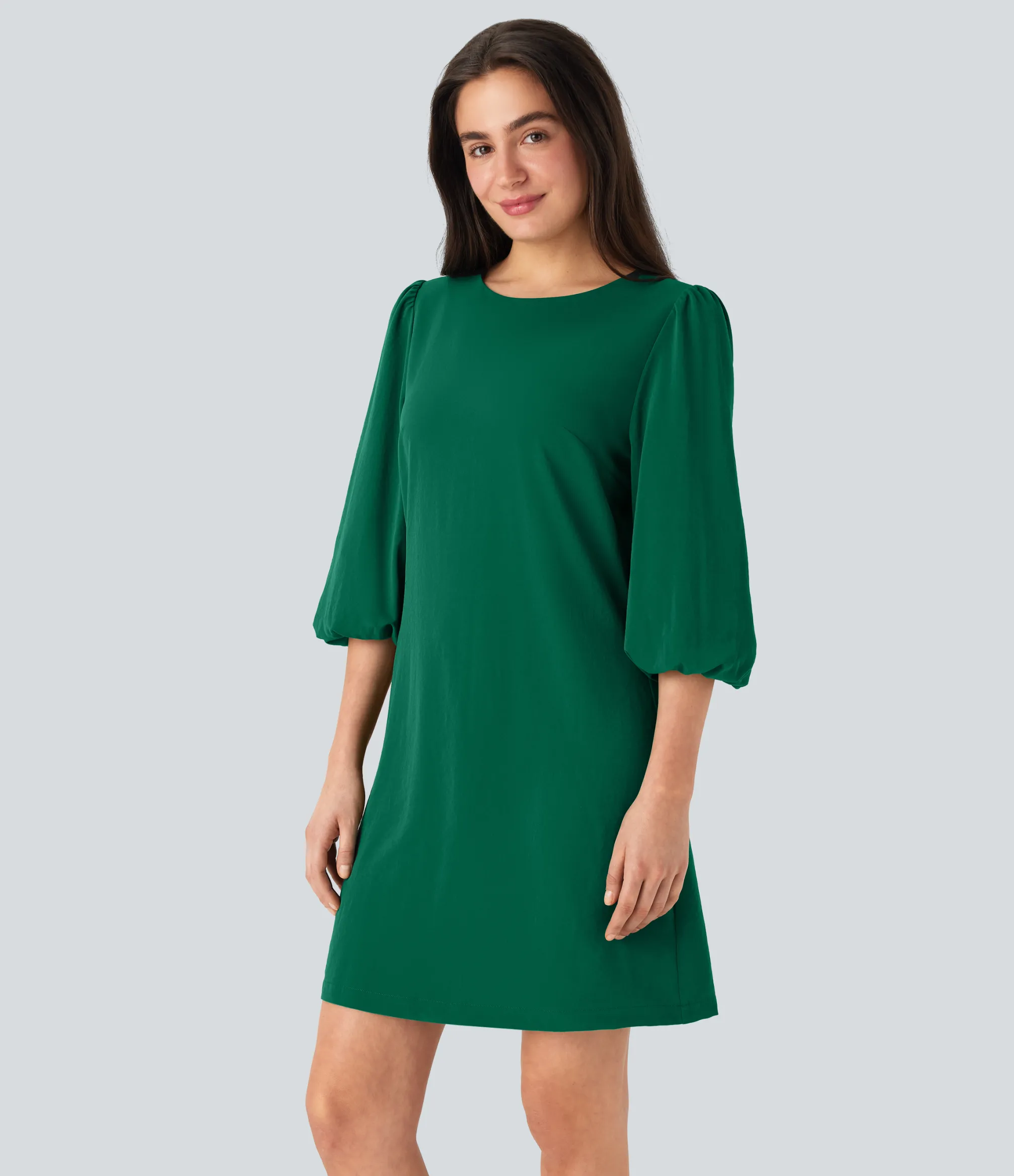 Mini Dresses|Dresses<HALARA Round Neck Puff Sleeve Mini Work Linen-Feel Dress