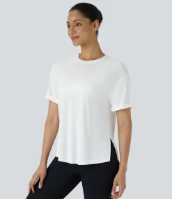 Yoga Tops|Sports Tops<HALARA Round Neck Rolled Sleeve Curved Hem Yoga Sports Top