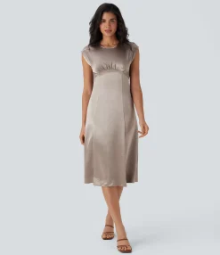 Maxi & Midi Dresses|Dresses<HALARA Round Neck Ruched Midi Satin Work Dress with Pockets