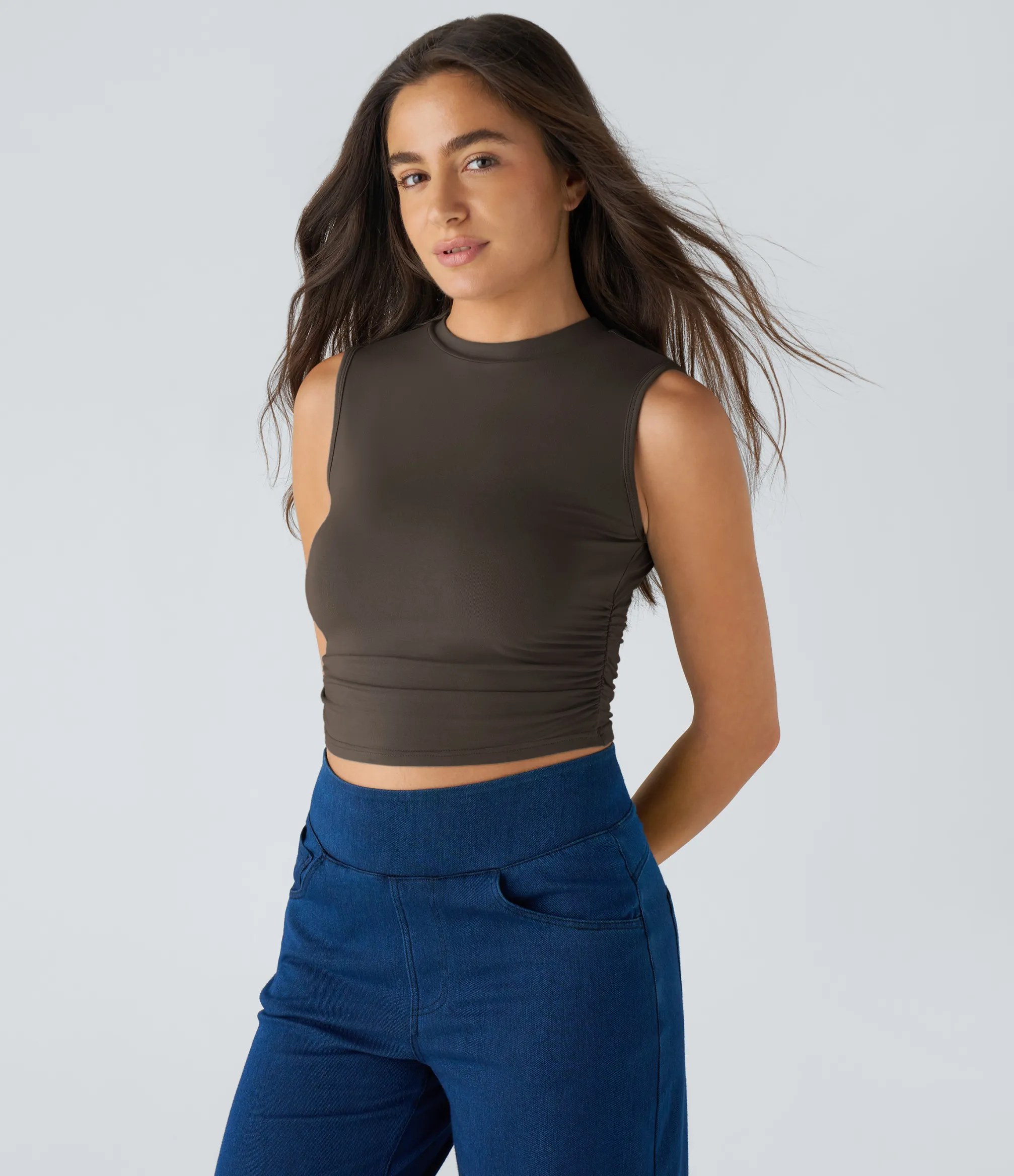 Casual Tops|Tank Tops & Camis<HALARA Round Neck Ruched Skinny Cropped Casual Tank Top