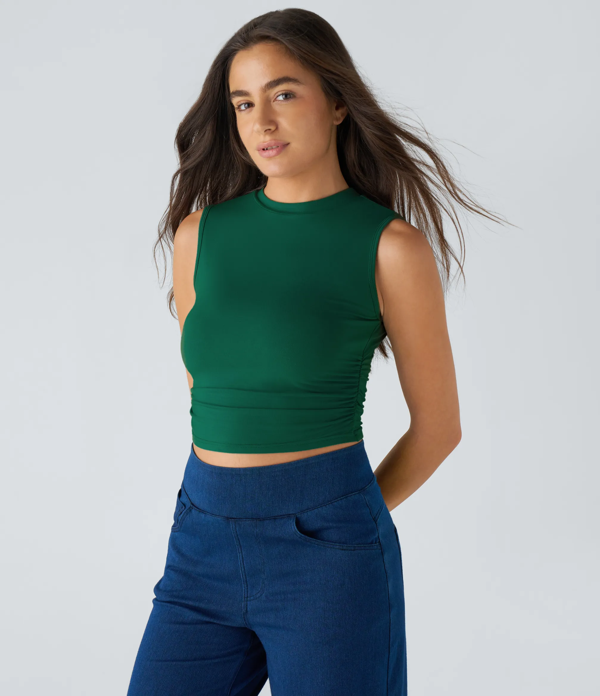 Casual Tops|Tank Tops & Camis<HALARA Round Neck Ruched Skinny Cropped Casual Tank Top