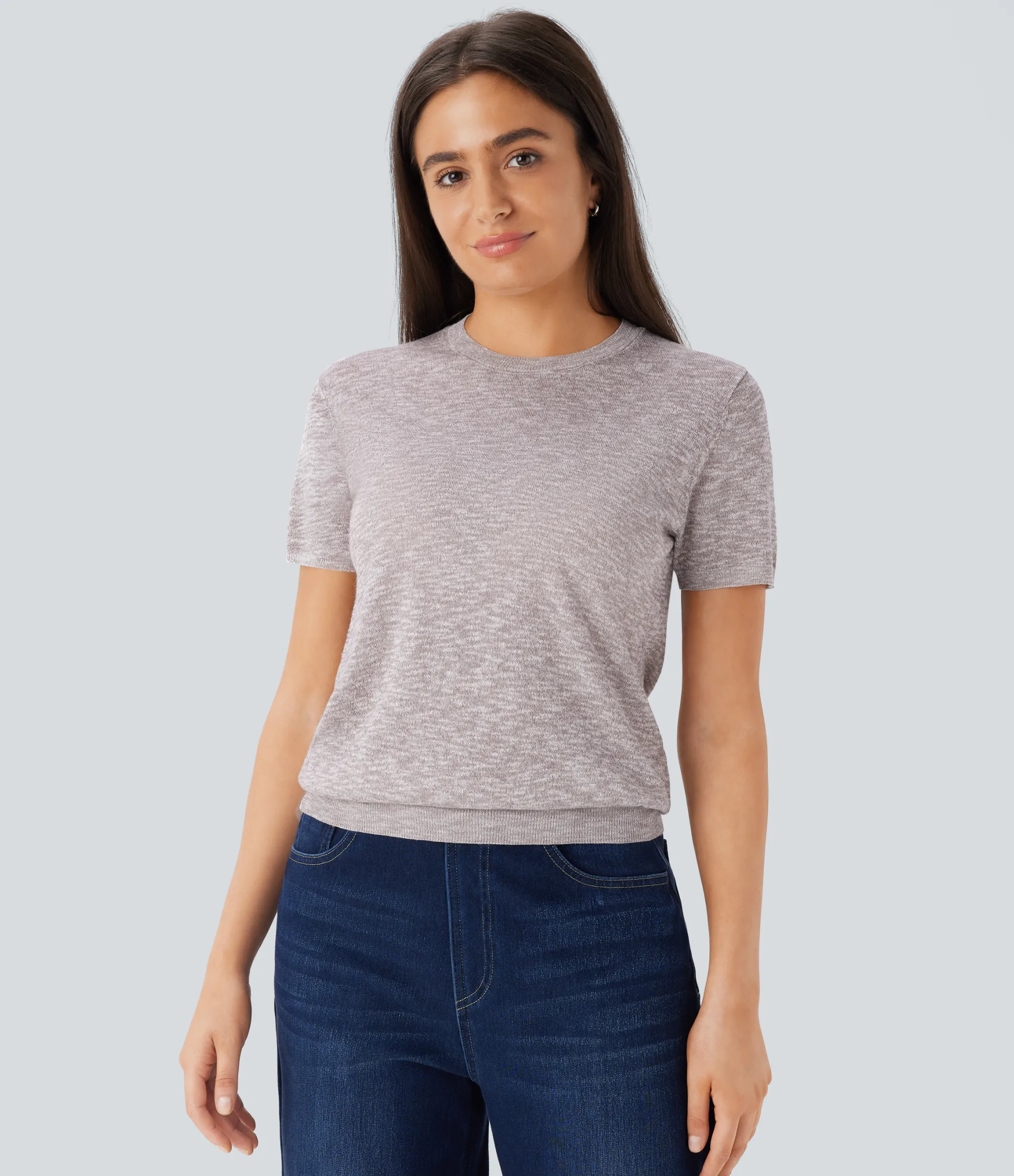 Sweaters<HALARA Round Neck Short Sleeve Basic Casual Linen-Feel Sweater