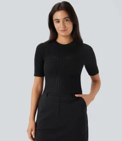 Sweaters<HALARA Round Neck Short Sleeve Cut Out Work Sweater