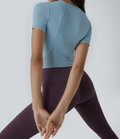 Sports Tops|Sports Tops<HALARA Round Neck Short Sleeve Contrast Mesh Cropped Yoga Sports Top